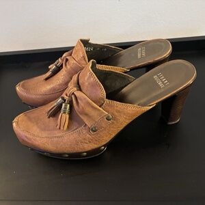 NEW Stuart Weitzman Mules Cognac Brown Leather Tassel Studded Heels -Size 10 M